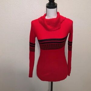 Red winter sweater long sleeve black stripe cowl neck